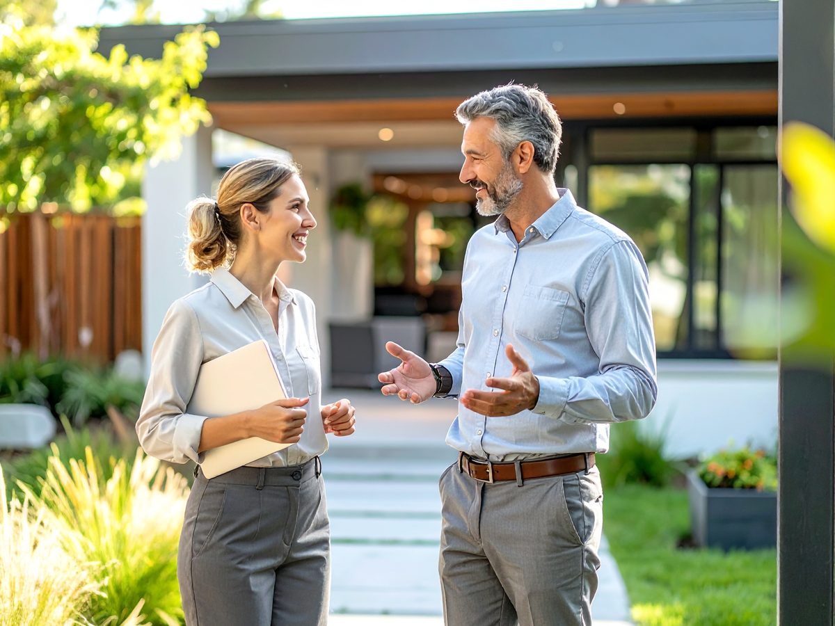 A home adviser walking a property with a homeowner and talking through what the home needs next.