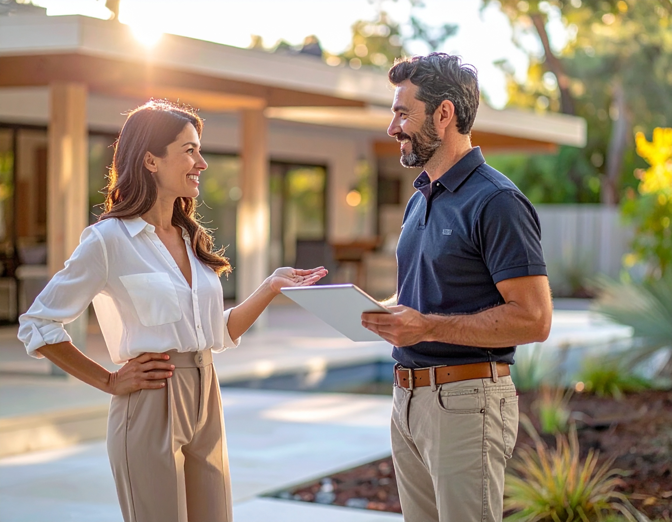 A homeowner reviewing the condition and priorities of her property with a home adviser.