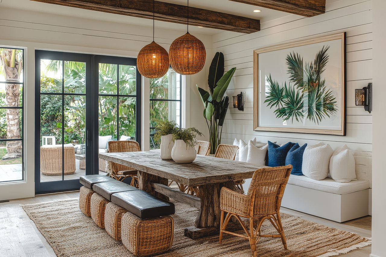 A well-cared-for dining room with a dark accent wall, built-in shelving, and a wood ceiling.