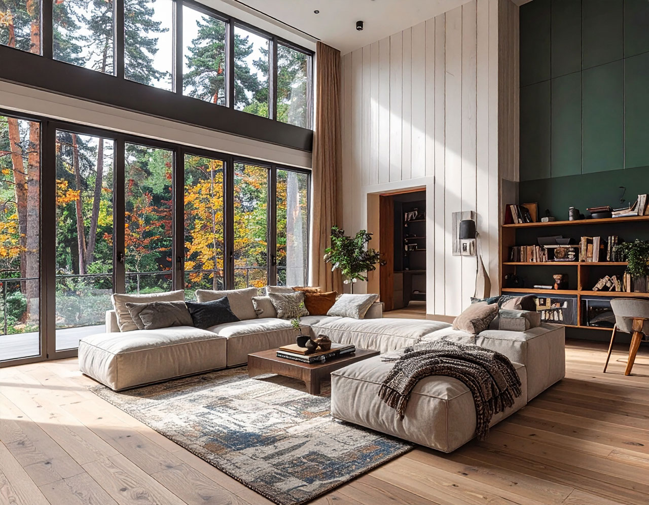 A living room with built-ins and an accent wall.